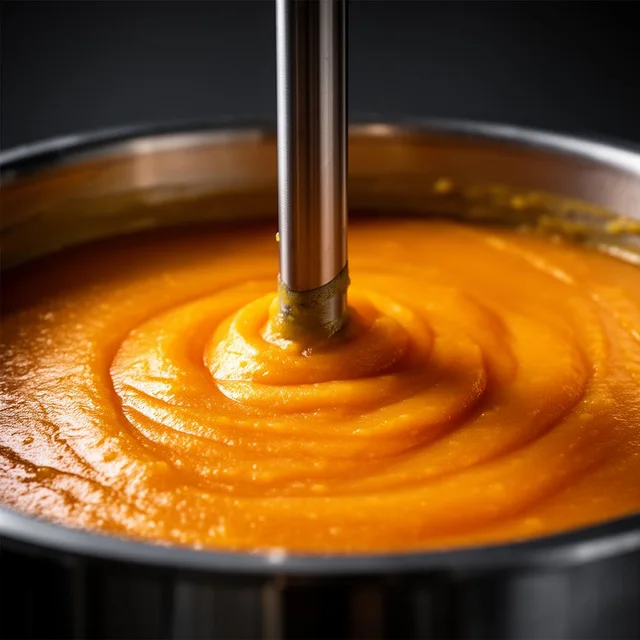Orange fruit purée being stirred in a stainless-steel vessel — illustrative ingredient image.