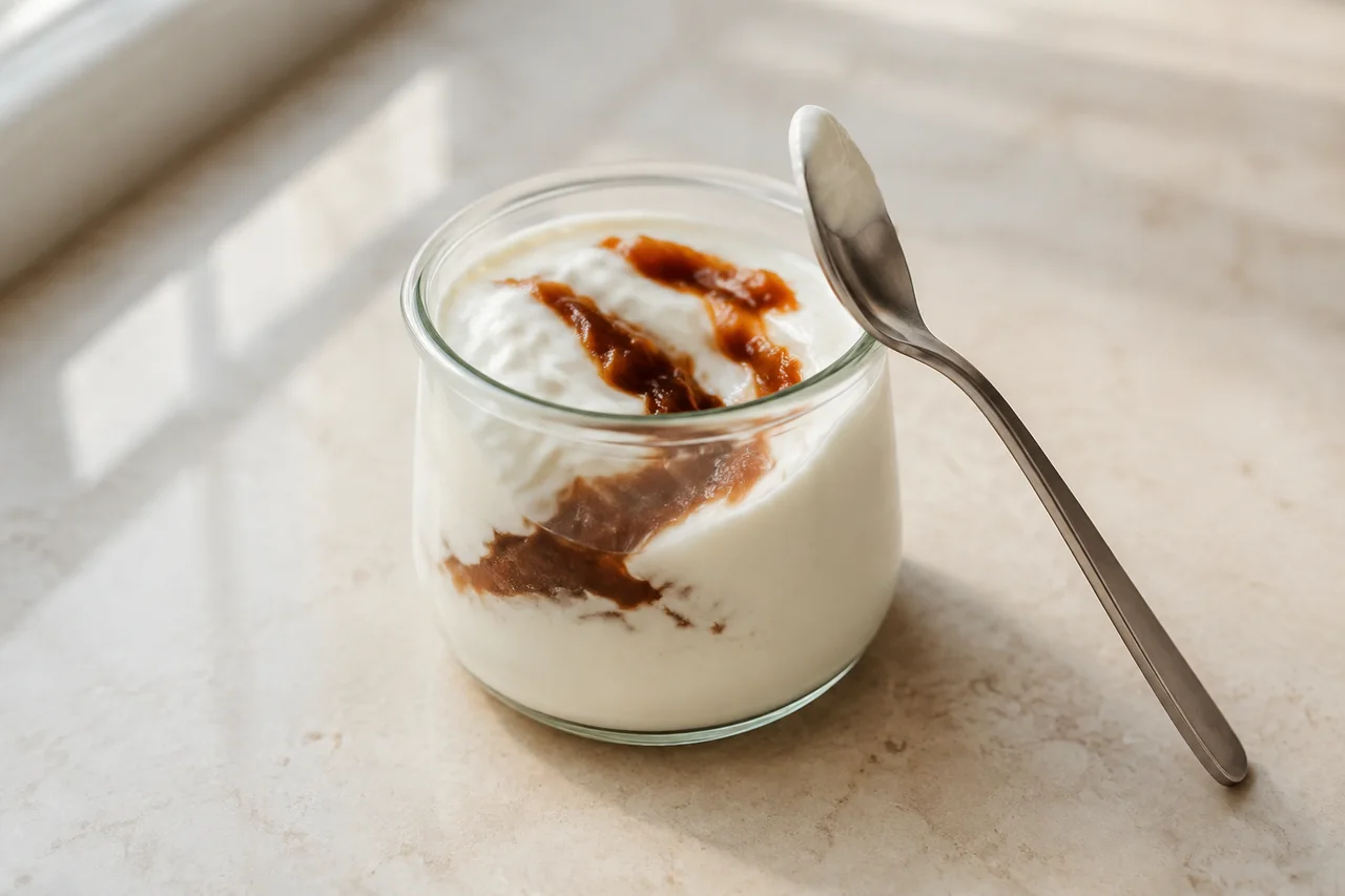 Yogurt with a brown fruit preparation in a glass pot and a resting teaspoon