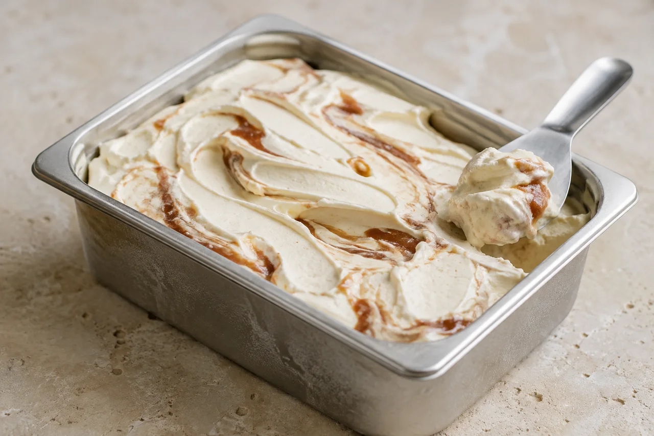 Cream-coloured gelato with a brown fruit ribbon in a small steel tray with a serving spade