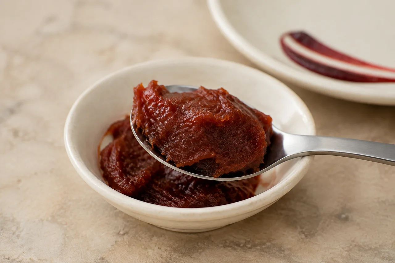 A spoonful of fruit and date spread above a small ceramic dish, with a fruit coulis accent behind