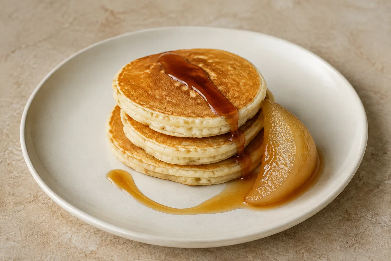 A small pancake stack with date syrup and a poached pear wedge on a plain ivory plate