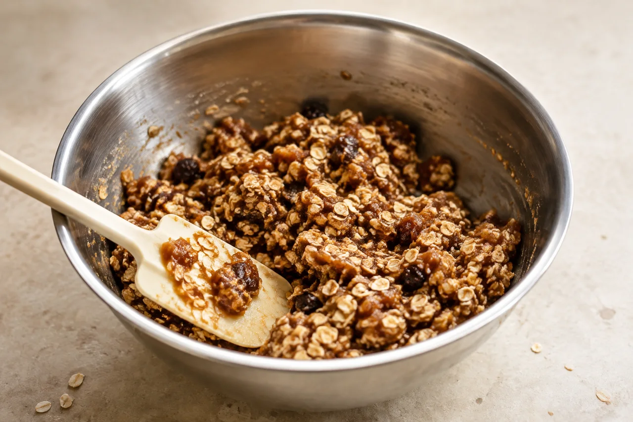 Date paste binding oats and dried-fruit pieces in a stainless-steel bowl with a resting spatula