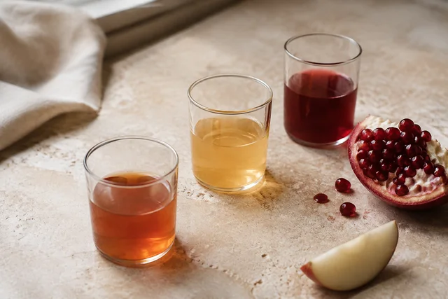 Three small glasses of amber, golden and red fruit drinks beside apple and pomegranate