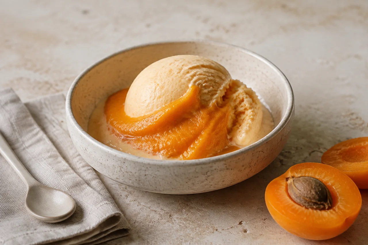 Apricot-coloured frozen dessert with a fruit purée ribbon in a ceramic bowl beside a split apricot