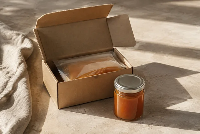 Plain open kraft sample box with a translucent pouch and a sealed jar of amber fruit ingredient
