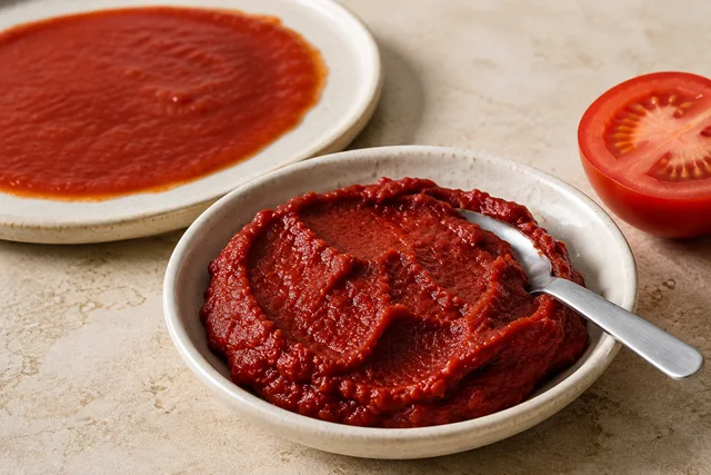 Dense tomato paste in a ceramic dish with a tasting spoon, a sauce smear and a halved tomato behind