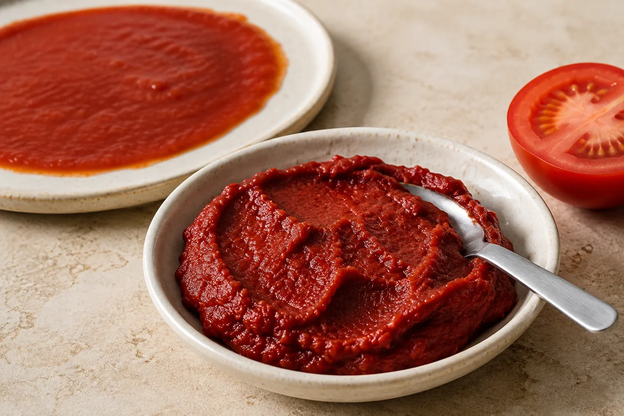 Dense tomato paste in a ceramic dish with a tasting spoon, a sauce smear and a halved tomato behind