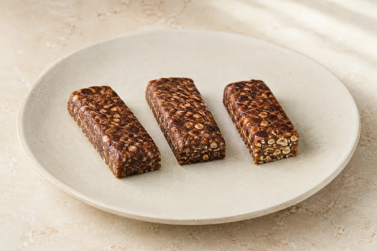 Three date and cereal bar samples on a plain tasting plate