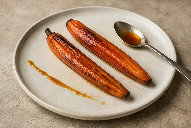 Roasted carrots with a restrained date-syrup glaze on an ivory plate